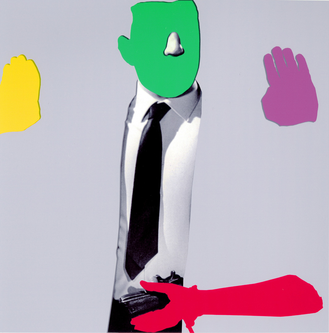 约翰Baldessari - Noses & Ears, Etc. (Part Two): (Green) Face with Nose, (Yellow and Violet) Hands, (Red) Arm and Pistol (with Tie), 2006, three dimensional archival digital photographic prints, with acrylic paint