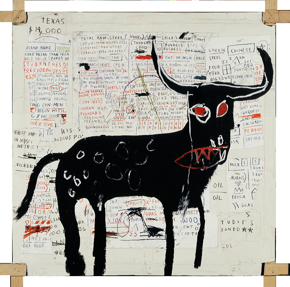 Jean-Michel Basquiat  - 牛肉肋骨Longhorn，1982，亚克力，油烟和帆布上的纸张拼贴安装在捆绑木材支架上