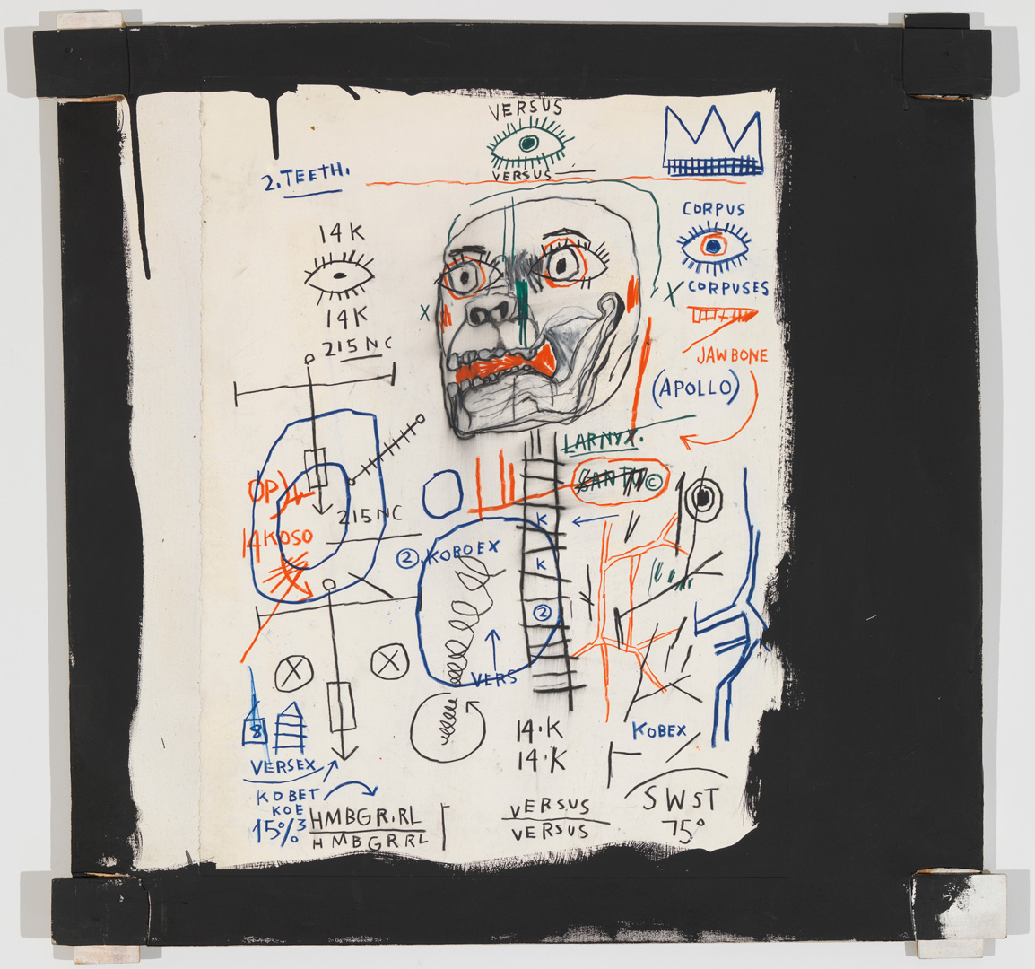 Jean-Michel Basquiat  -  Santo 2,1982，丙烯酸，油烟和纸上的帆布，带有暴露的木材支撑