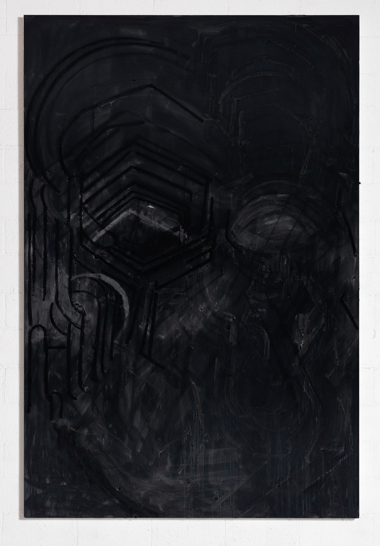 Thomas Houseago-无标题（黑色绘画11），2015-2016，木炭、粉笔和油画在船上的画布上