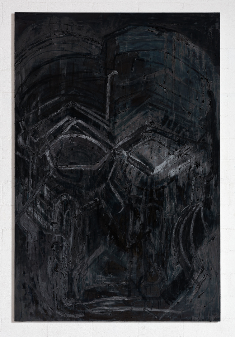 Thomas Houseago-无标题（黑色绘画12），2015-2016，木炭、粉笔和油画在船上的画布上