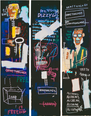 Jean-Michel Basquiat  -  Horn Pressers，1983年，亚克力和油油上安装在木材支架上的三个帆布面板上