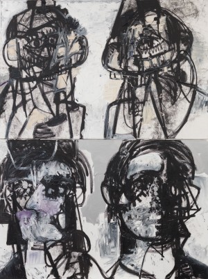乔治·康多-2015年1月1日，面对癌症的自画像，丙烯酸、油和颜料粘在画布上，分为两部分