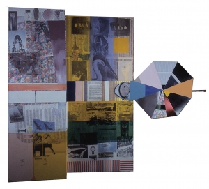 Robert Rauschenberg - Golden Grebe (Scale)， 1978，用丙烯酸颜料、彩色透明镜子和画笔在拼贴到木板上的织物上进行溶剂转移