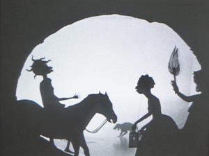 卡拉沃克-证词:一个黑人背负良好的意图，2004年，黑白视频，没有音频和框架剪纸剪影